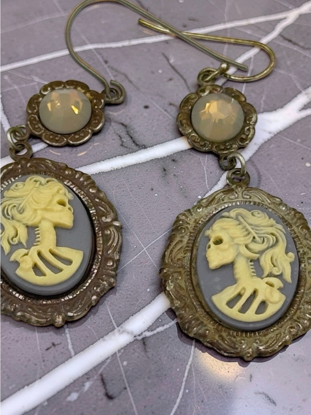 Goth Victorian Skeleton Cameo & Opal Crystal Dangle Earrings Antique